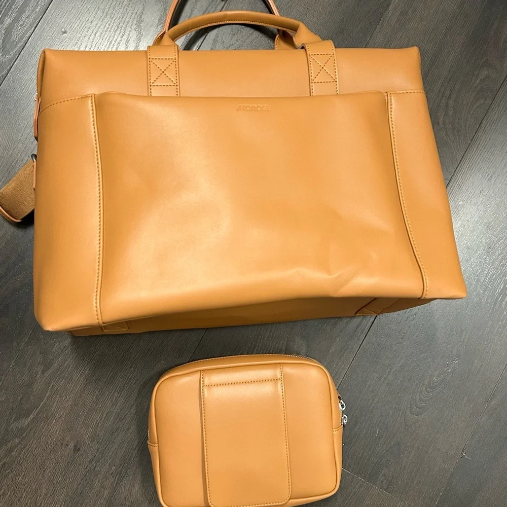 Elegant Tan Vegan Leather Laptop Tech and Travel Metro Duffle Bag